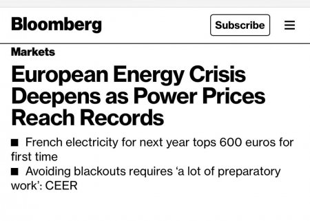 Bloomberg: Avropada elektrik enerjisinin qiymətləri rekord həddə qalxıb